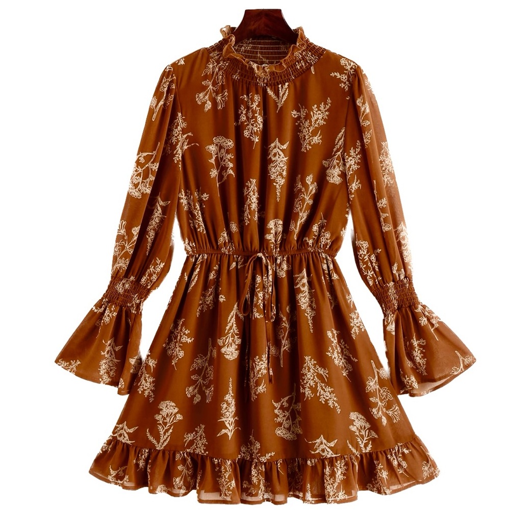 SHEIN Floral Pocket Lantern Sleeve Shirred Mock Neck Dress